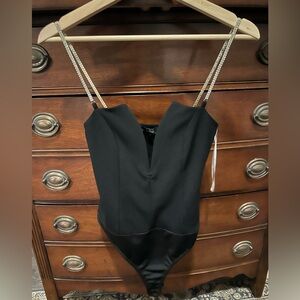 Lulu's Black Rhinestone-Strap Bodysuit
